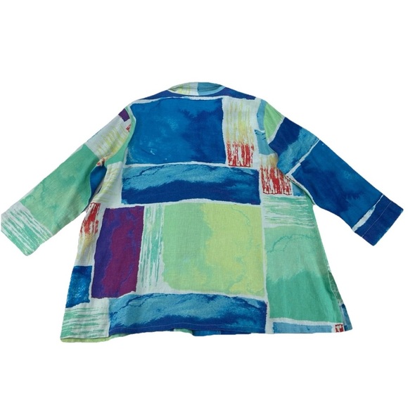 Ali Miles Green Blue Artsy Print Blouse Linen Lagenlook Button Front Top Size XL - Picture 2 of 11